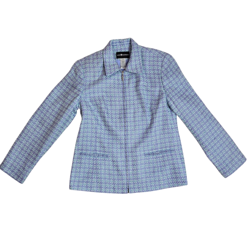 Sag Harbor Blue and White Herringbone Tweed Full Zip Blazer 10 Career - Picture 3 of 11